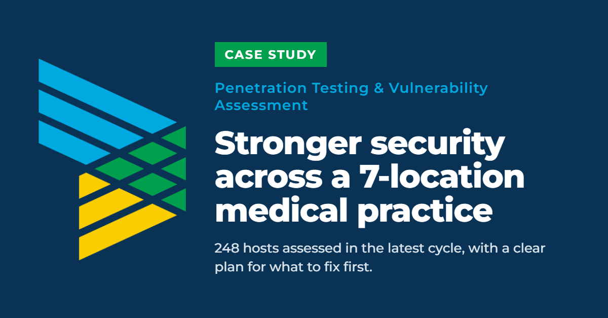 Lume Strategies case study graphic: penetration testing and vulnerability assessment for a 7-location medical practice, with 248 hosts assessed.