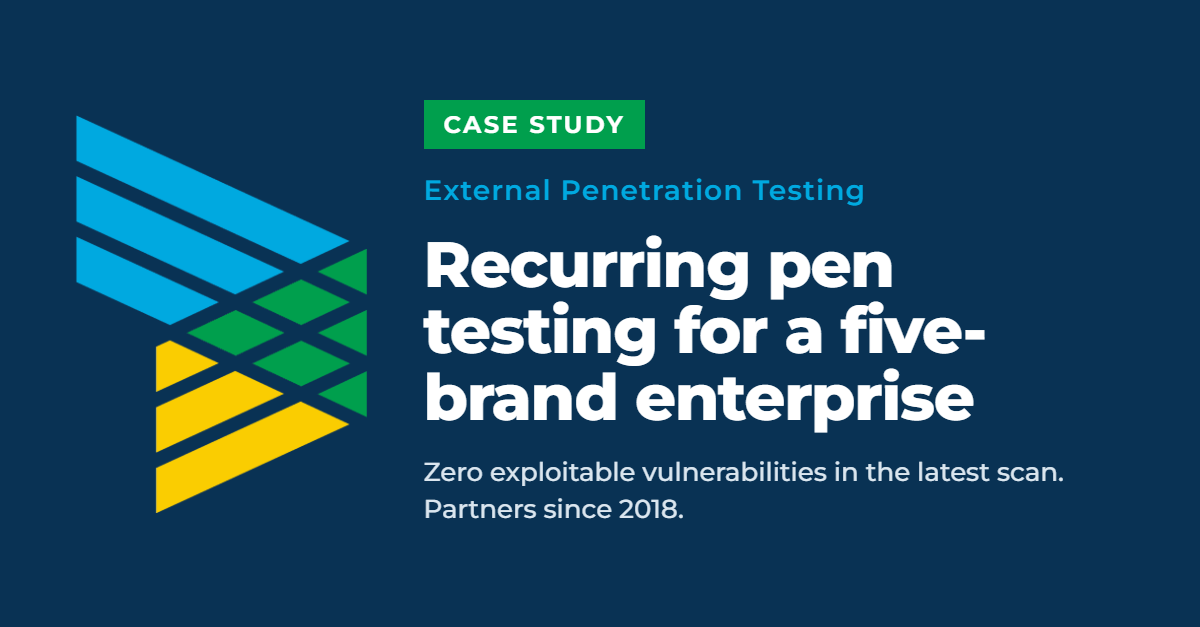 Lume Strategies case study graphic: recurring external penetration testing for a five-brand professional services enterprise, with 0 exploitable vulnerabilities found.